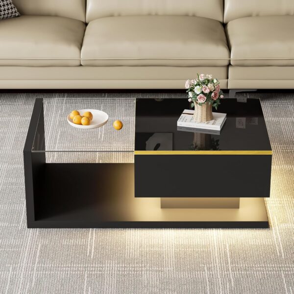 Merax High-Gloss Coffee Table,LED Effect,Tempered Glass Top & Gold - Accented Edge,2 - Tier Storage for Living Room,Black,90 * 50 * 32.5cm