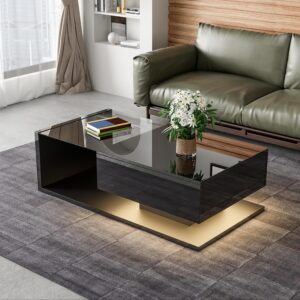 Merax LED Coffee Table,High Gloss Black Coffee Table for Living Room with Glass Top Storage Compartment and 16-colour variable LED lights 105 x 55 x 32.5cm