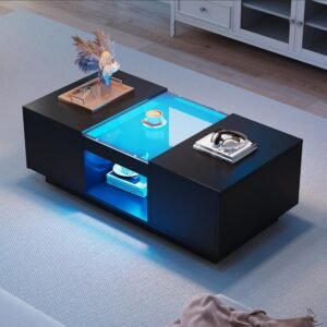 Merax LED Coffee Table with Storage, Stylish and Innovative Coffee Tables for Living Room with 2 Tiers and 2 Drawers, Tempered Glass Side Table, Black, 100x50x35.5cm