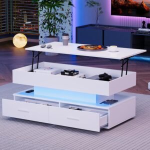 Merax LED Lift up Coffee Table, Modern Side Table with Storage, Stylish Tables for Living Room with Large Hidden Storage and 2 Drawers, Hydraulic Lift Top Coffee Table, White,...
