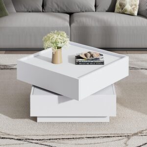 Merax Modern Coffee Table, 360° Rotating Square Coffee Table with Storage, Wooden 2-Tier Living Room Tables with Swivel Tabletop and 2 Drawers, Unique Coffee Tables for Living...