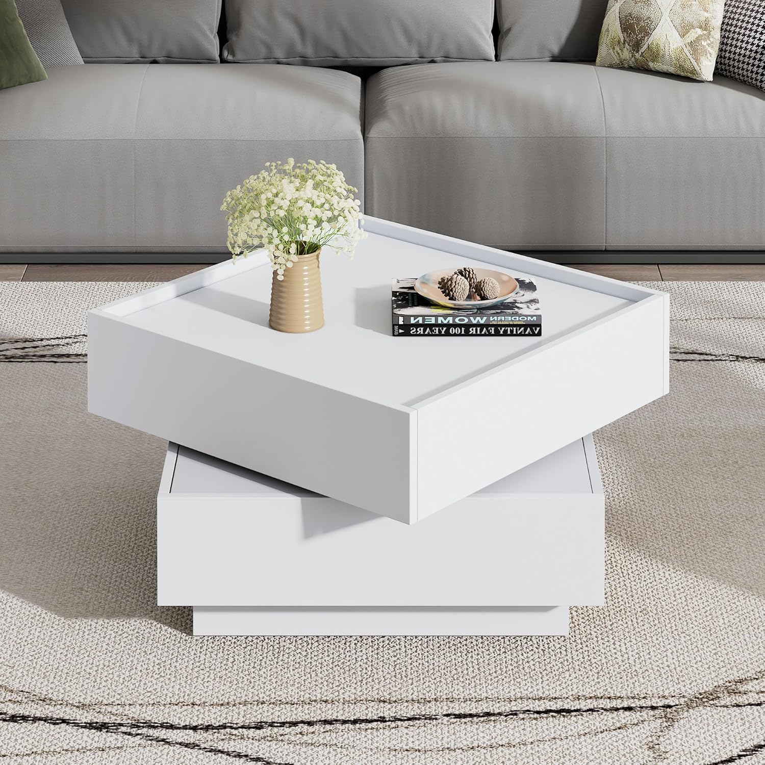 Merax Modern Coffee Table, 360° Rotating Square Coffee Table with Storage, Wooden 2-Tier Living Room Tables with Swivel Tabletop and 2 Drawers, Unique Coffee Tables for Living...