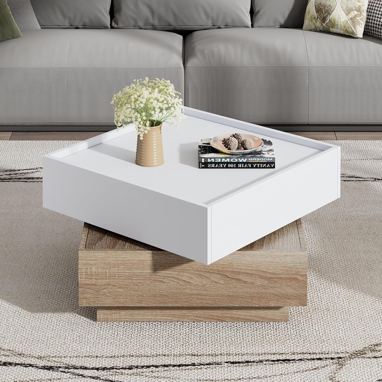 Merax Modern Coffee Table, 360° Rotating Square Coffee Table with Storage, Wooden 2-Tier Living Room Tables with Swivel Tabletop and 2 Drawers, Unique Coffee Tables for Living...