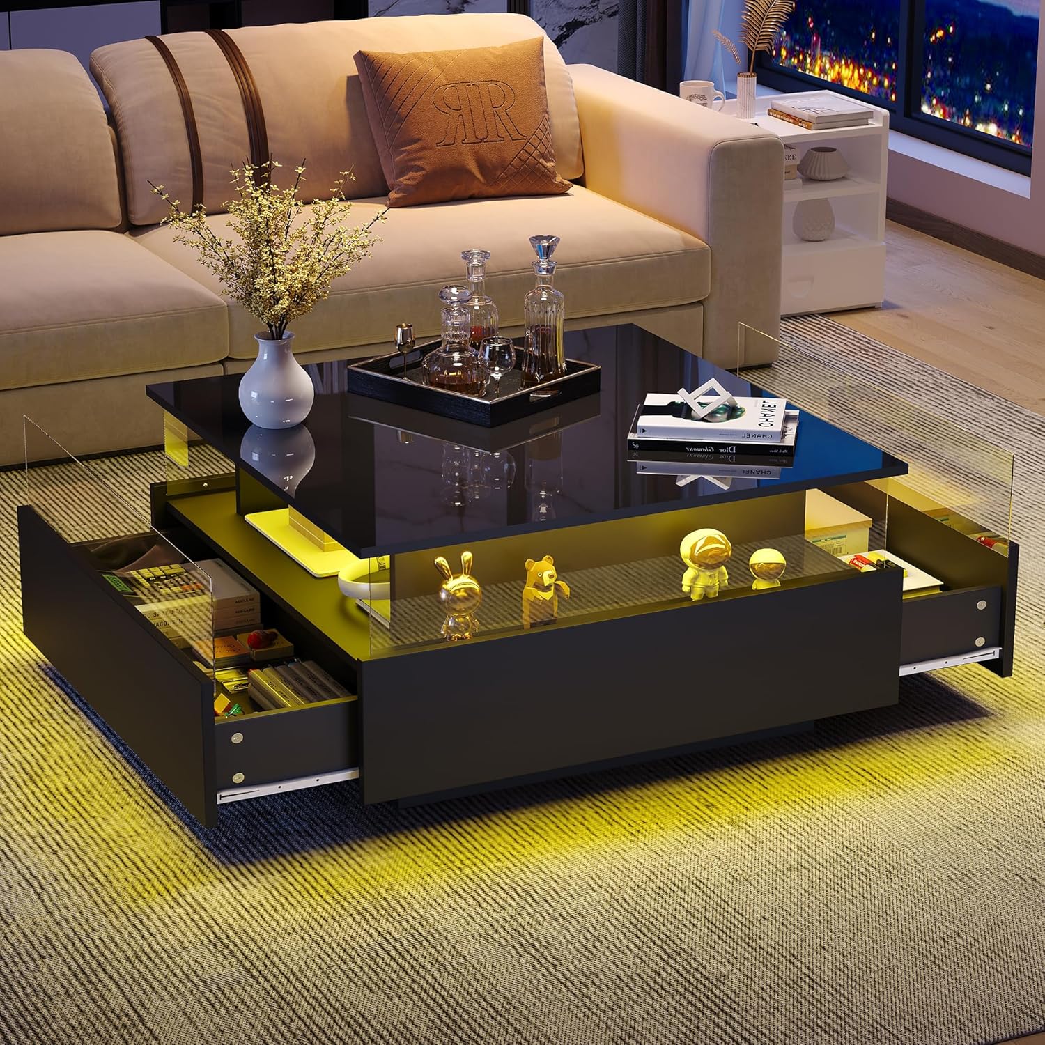 Merax Modern LED Coffee Table, Square Coffee Table with Storage, Acrylic Glass Coffee Table, Wood Living Room Tables with Compartments and 2 Sliding Drawers, Smart Coffee Tables...