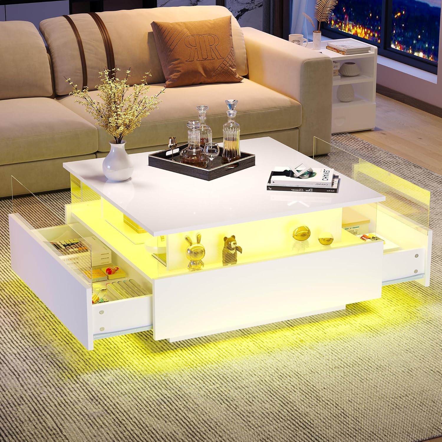 Merax Modern LED Square Coffee Table with Storage, Elegant Acrylic Glass and Wood Living Room Tables featuring Spacious Compartments and 2 Smooth Sliding Drawers, Perfect for...