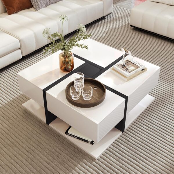 Merax Unique Color Matching & Line Design Coffee Table with 4 Drawers, Modern Square, 78x78x36cm, White
