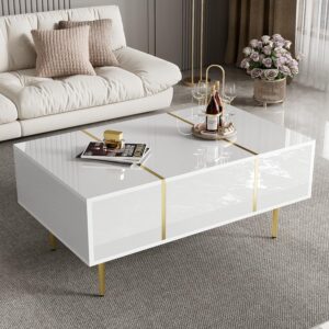 Merax White High-Gloss Coffee Table with 2 Drawers, Modern Minimalist Design, Gold Metal Accents, Easy to Clean, 100 L x 60 B x 41.5 H (CM) for Living Room