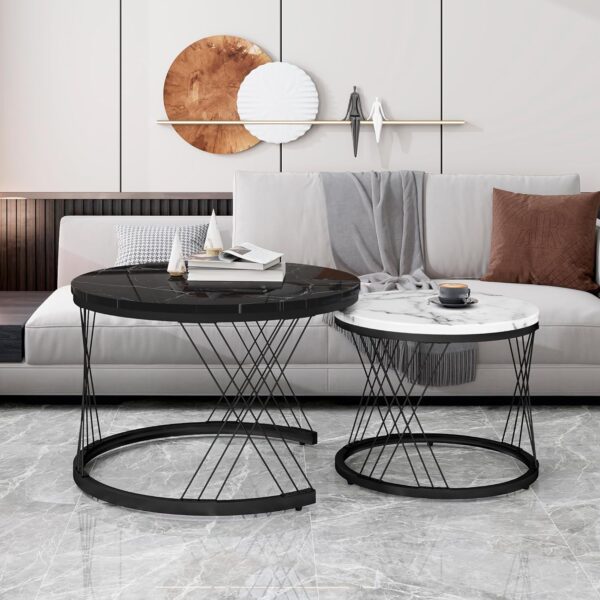 ModernLuxe 2-in-1 Coffee Table, Round Nest of Tables, Multi-functional Side Table with Black Metal Frame Legs and Marble Pattern Top, Nesting Tables for Living Room Bedroom...