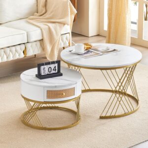 ModernLuxe 2-in-1 Coffee Table, Round Nest of Tables, Multi-functional Side Table with Rattan Drawers Gold Metal Frame Legs and Marble Pattern White Top, Nesting Tables for...
