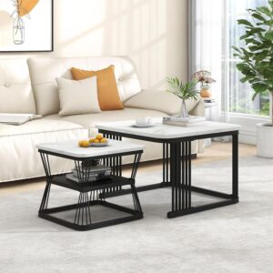 ModernLuxe 2-in-1 Coffee Table, Square Nest of Tables, Multi-functional Side Table with Black Metal Frame Legs and Marble Pattern White Top, Nesting Tables for Living Room Bedroom