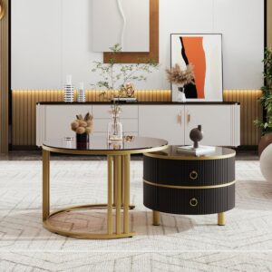 ModernLuxe 2-in-1 MDF Coffee Tables for Living Room, Brown Round Coffee Table with Tempered Glass and Golden Metal Frame Legs, Black Side Table with 2 Drawers, Modern Nest of...