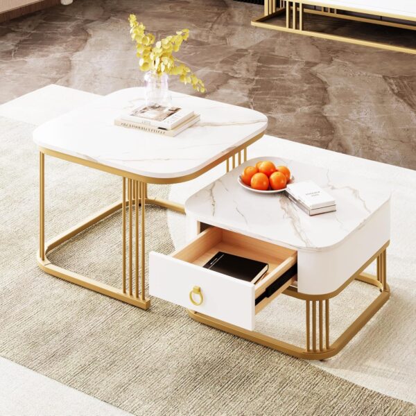 ModernLuxe 2-in-1 MDF Coffee Tables for Living Room, Square Coffee Table with High Gloss Marble Exterior, Gold Accents, Side Table with Drawer, Modern Nest of Tables for Saving...