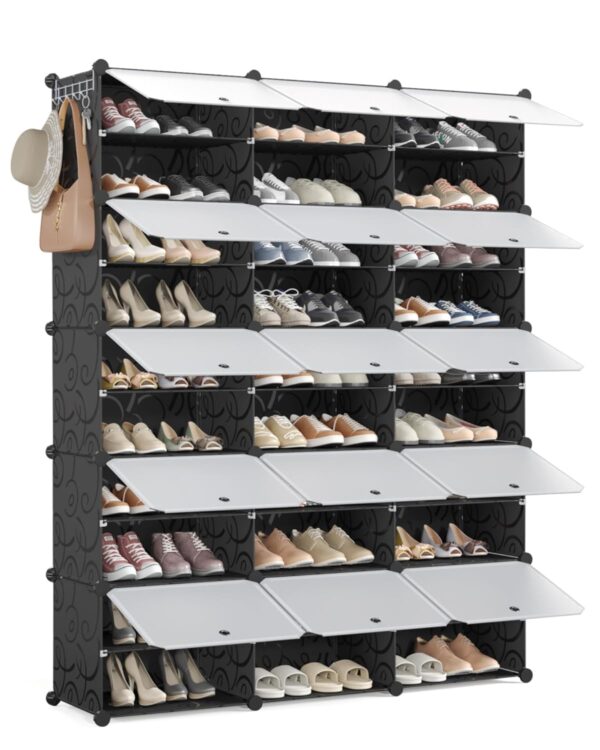 Mondeer Shoe Storage Cabinet, 3 x 10 Tier Modular Plastic Shoe Rack for 60 Pairs Shoes, Cube Shoe Organizer with Removable Shelf and Hooks, for Hallway Entryway Closet, Black
