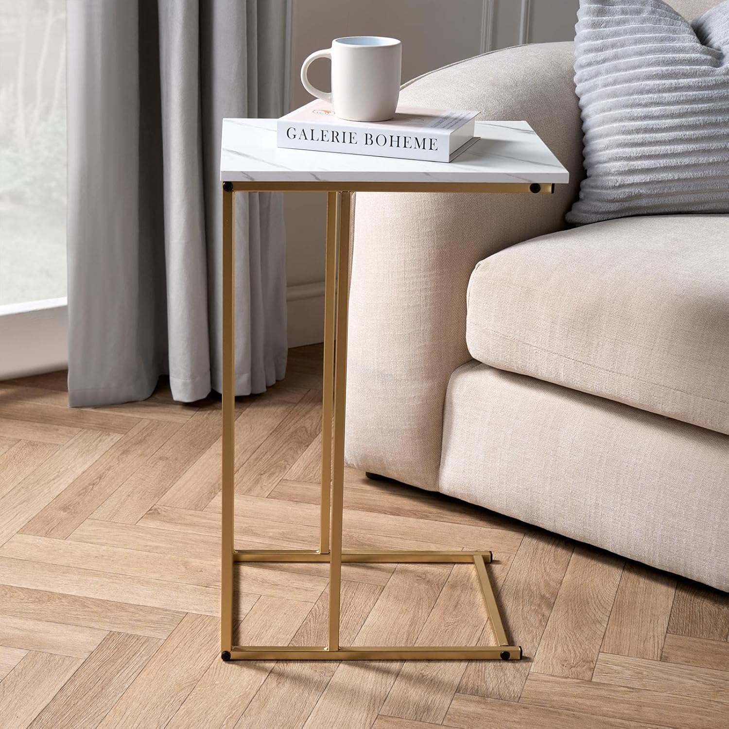 OHS C Shape Side Table, White Marble Top with Gold Metal Frame End Table for Living Room Bedroom & Office Storage Decorative Space Saver Sofa Side Table, One Size