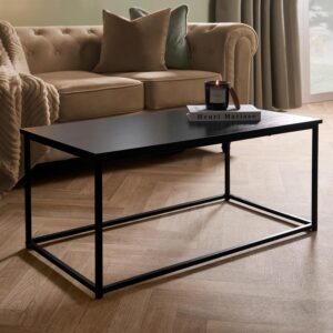 OHS Coffee Side Table with Metal Frame, Modern Wooden Top Stylish & Durable Industrial Centre Table For Living Room Office & Small Spaces Easy Assembly, Black-90x48x40cm