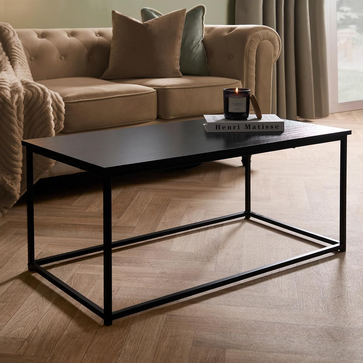 OHS Coffee Side Table with Metal Frame, Modern Wooden Top Stylish & Durable Industrial Centre Table For Living Room Office & Small Spaces Easy Assembly, Black-90x48x40cm