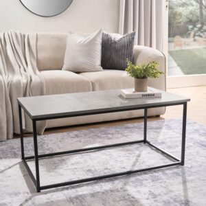 OHS Coffee Table Rectangle with Metal Frame, Marble Look Finish Stylish & Durable Industrial Wooden Centre Table For Living Room & Offices Easy Assembly, Grey-90x48x40cm