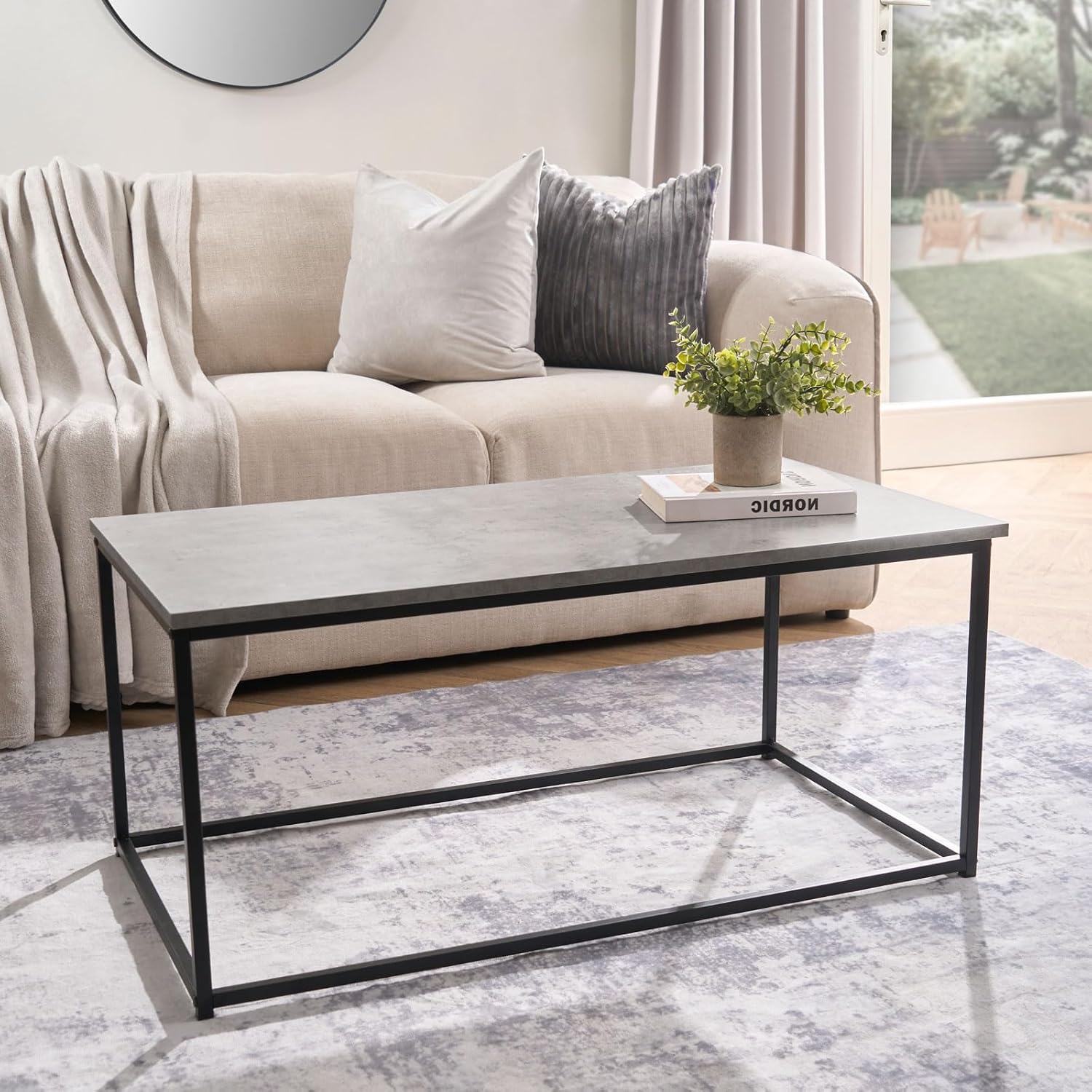 OHS Coffee Table Rectangle with Metal Frame, Marble Look Finish Stylish & Durable Industrial Wooden Centre Table For Living Room & Offices Easy Assembly, Grey-90x48x40cm