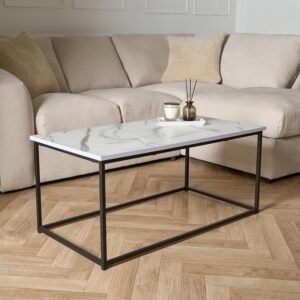 OHS Coffee Tables for Living Room, Decorative Marble Side Table Study Metal Frame Rectangle Long Coffee Table Home Office Centre Table - White, 90 x 48 x 40cm