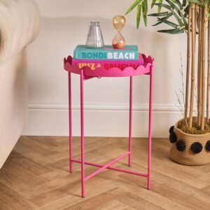 OHS Living Room Side Table, Scallop Edge Sofa End Tables with Metal Frame Decorative Coffee Table Nightstand Bed Side Tables for Bedroom Office Small Spaces, Bright Pink