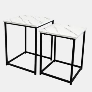 OHS Nest of Tables Set of 2 Marble Side Tables For Living Room, Modern Square Coffee Table Decorative Bedside Table with Sturdy Metal Frame Easy Assembly, White