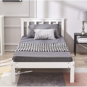 Panana Single Bed with Headboard, 3FT Wooden Single Bed Frame for Adults, Kids, White, 90 * 190cm