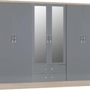 Seconique Nevada 6 Door 2 Drawer Wardrobe in Grey Gloss/Light Oak Effect Veneer, 230 x 52 x 182.5 cm