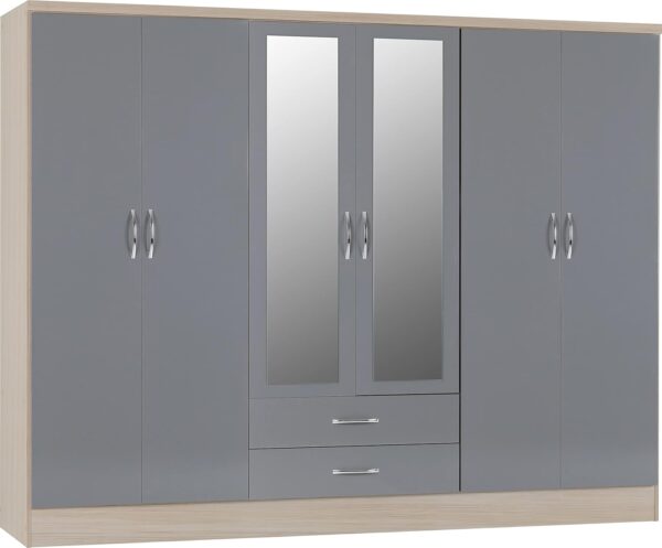 Seconique Nevada 6 Door 2 Drawer Wardrobe in Grey Gloss/Light Oak Effect Veneer, 230 x 52 x 182.5 cm