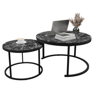 SG Traders Round Nesting Coffee Table Set - Wooden Nest of Tables, Stackable Round Coffee Table for Living Room, Industrial, Stylish Nested Tables - Set of 2 (Black Marble Effect)