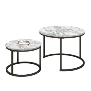 SG Traders Round Nesting Coffee Table Set - Wooden Nest of Tables, Stackable Round Coffee Table for Living Room, Industrial, Stylish Nested Tables - Set of 2 (White Marble Effect)