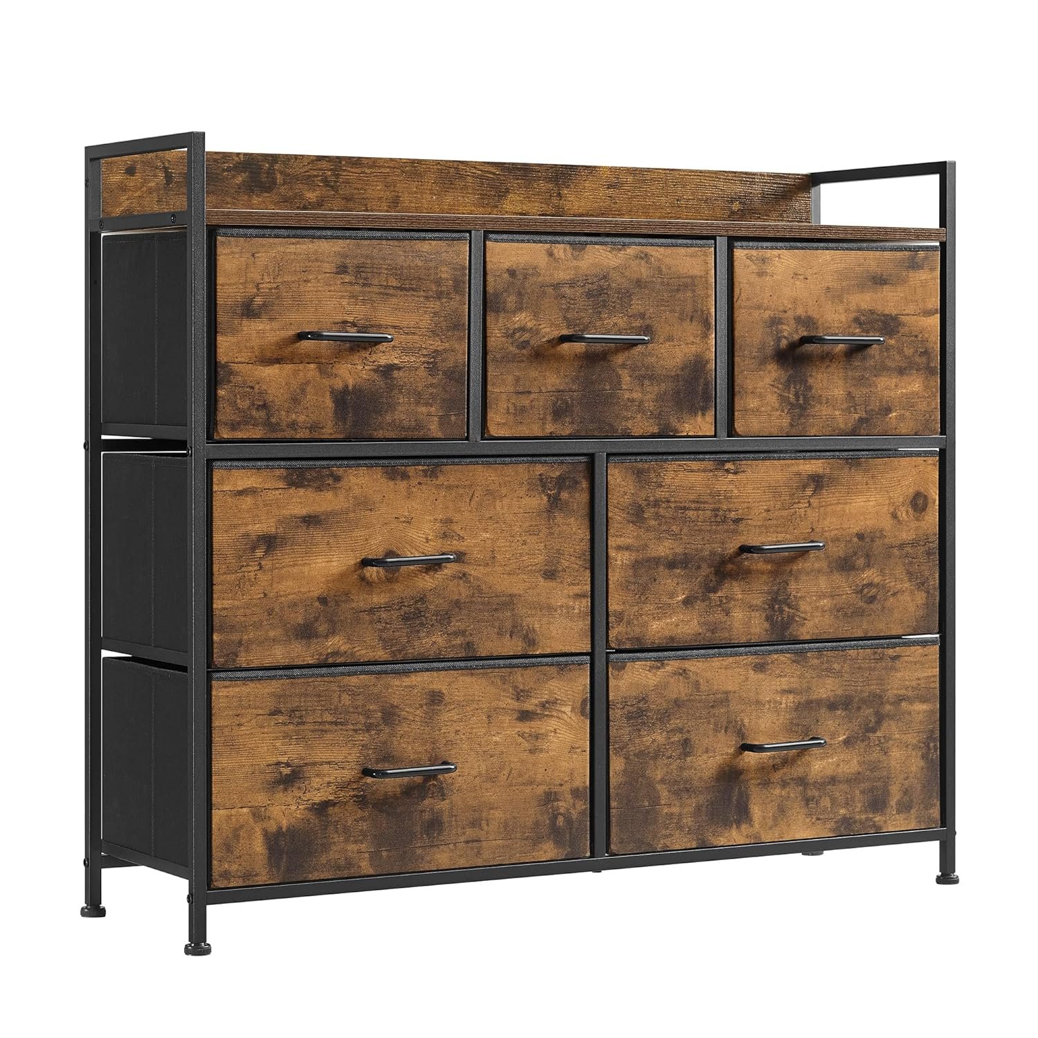 SONGMICS Chest of Drawers, Bedroom Cabinet, 7 Fabric Drawers with Handles, Metal Frame, Rustic Brown and Ink Black LTS137B01