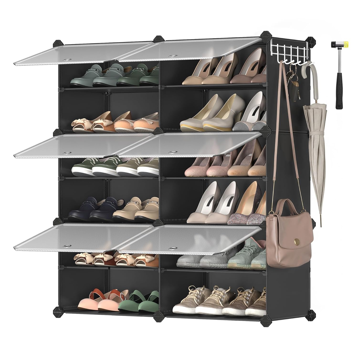 SONGMICS Interlocking Shoe Rack, Plastic Shoe Storage Cabinet, 6-Slot Modular Storage Organiser Unit, 30 x 40 x 30 cm for Each Slot, with Doors, Steel Frame, Plastic Panels,...