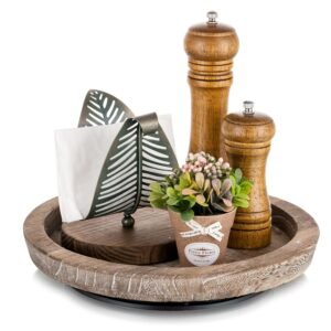 Turnable Rustic Wooden Serving Tray: Hanobe Round Wood Butler Decorative Vintage Centerpiece Candle Holder Trays Farmhouse Ottoman Tray with Turn Table for Kitchen Countertop...