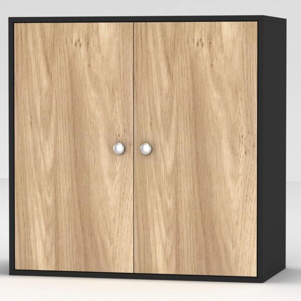 URBNLIVING 2 Tier Wooden Storage Cabinet (Black Unit + Oak Doors)