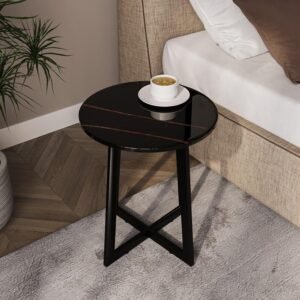 URBNLIVING 40cm Diameter Round MDF Coffee Side End Table with Steel Frame Legs Marble Look Living Room