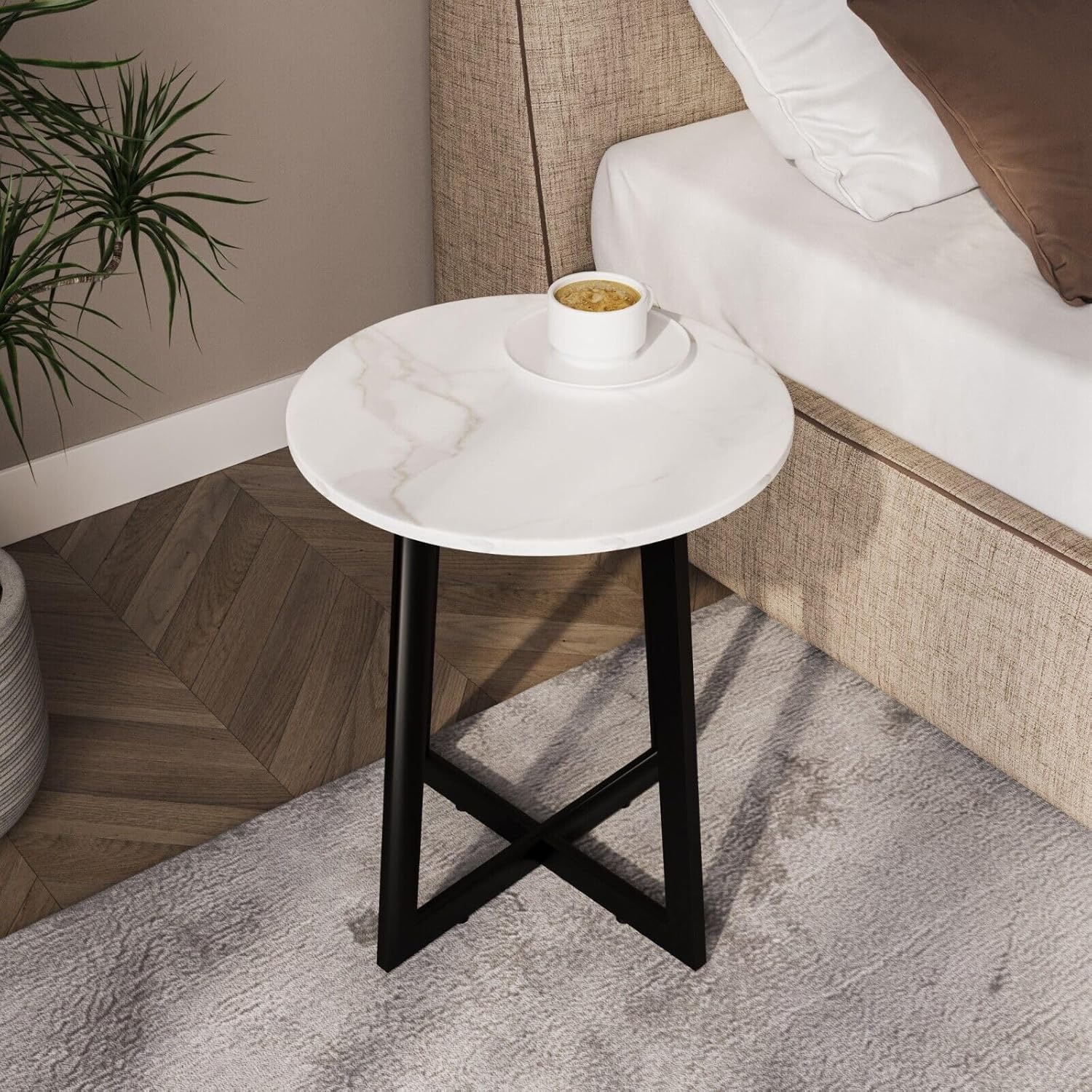 URBNLIVING 40cm Diameter Round MDF Coffee Side End Table with Steel Frame Legs Marble Look Living Room