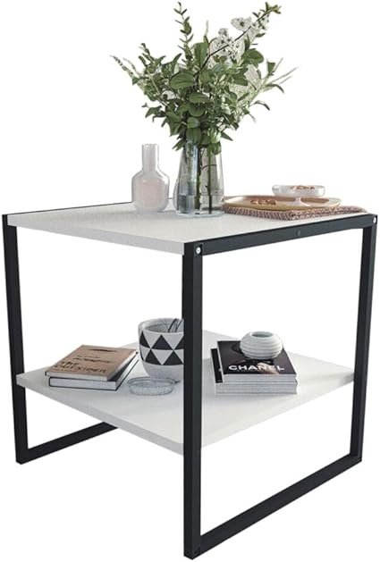 URBNLIVING 50cm Square Wooden Coffee Table & Metal Frame Open Storage Shelf Modern Wooden Finish for Living Room, Bedroom, Office Home Decor (White)