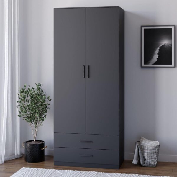 URBNLIVING Black Wooden Bedroom Furniture Cabinet Chest of Drawers Dressing Table Wardrobe - 2 Door Wardrobe