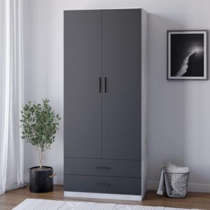 URBNLIVING Tall 2 Door Bedroom Wardrobe With 2 Drawers (Ash Grey Carcass + Black Drawers)