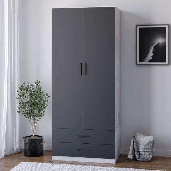 URBNLIVING Tall 2 Door Bedroom Wardrobe With 2 Drawers (Ash Grey Carcass + Black Drawers)
