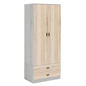 URBNLIVING Tall 2 Door Bedroom Wardrobe With 2 Drawers (Ash Grey Carcass + Oak Drawers)