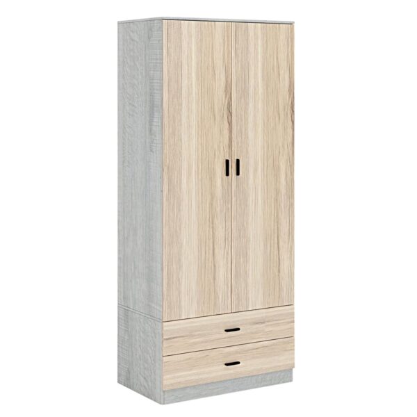URBNLIVING Tall 2 Door Bedroom Wardrobe With 2 Drawers (Ash Grey Carcass + Oak Drawers)