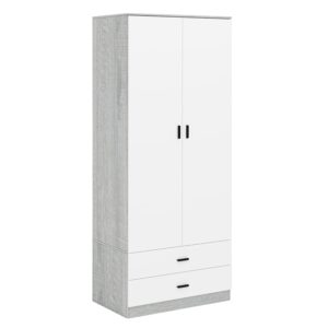 URBNLIVING Tall 2 Door Bedroom Wardrobe With 2 Drawers (Ash Grey Carcass + White Drawers)