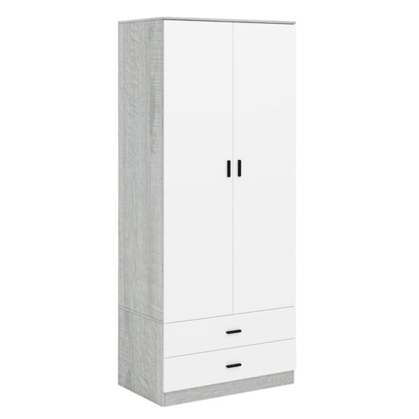 URBNLIVING Tall 2 Door Bedroom Wardrobe With 2 Drawers (Ash Grey Carcass + White Drawers)