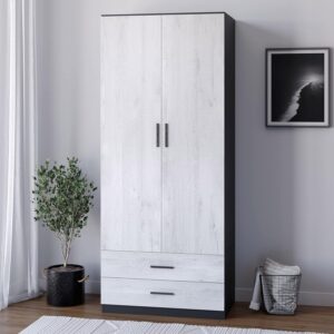 URBNLIVING Tall 2 Door Bedroom Wardrobe With 2 Drawers (Black Carcass + Ash Grey Drawers)