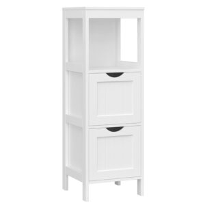VASAGLE BBC42WT Corner Bedside Table Medicine Cabinet Storage for Bathroom Wooden 1 Open Compartment 2 Drawers Feet Country House Style White, MDF panels, 30 x 89 x 30 cm
