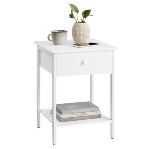 VASAGLE Bedside Table, Side Table with Drawer and Shelf, Nightstand, End Table, 40 x 40 x 55 cm, for Bedroom, Living Room, Steel Frame, Easy Assembly, Modern, Matte White LET055W14