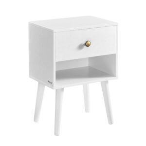 VASAGLE Bedside Table, Side Table with Storage Drawer and Open Shelf, Solid Wood Legs, End Table for Living Room, for Bedroom, Sofa, Cloud White LET655W01