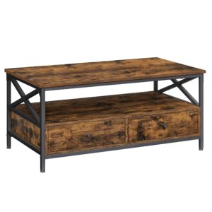 VASAGLE Coffee Table, Living Room Table, Low Sideboard, with 2 Drawers and One Open Compartment, Steel Frame X-Shape, 100 x 55 x 45 cm, Industrial Style, Rustic Brown and Black...