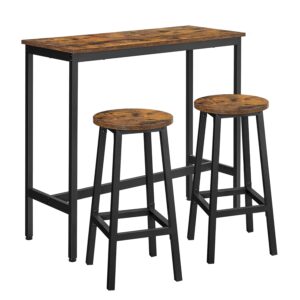 VASAGLE Dining Table Set, Bar Table and Stools, Breakfast Bar Table with 2 Round Bar Stools, Industrial Steel Frame, Rustic Brown and Ink Black LBT219B01